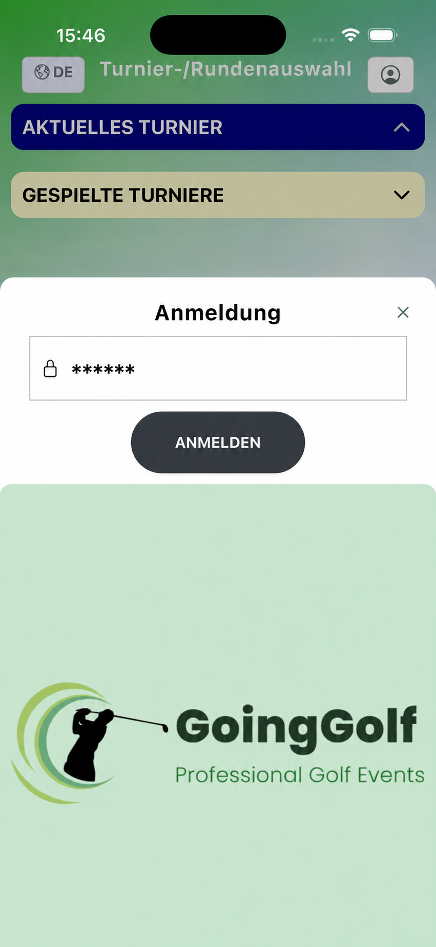 Anmeldung in der GoingGolf-App mit anonymisierter Anmeldenummer