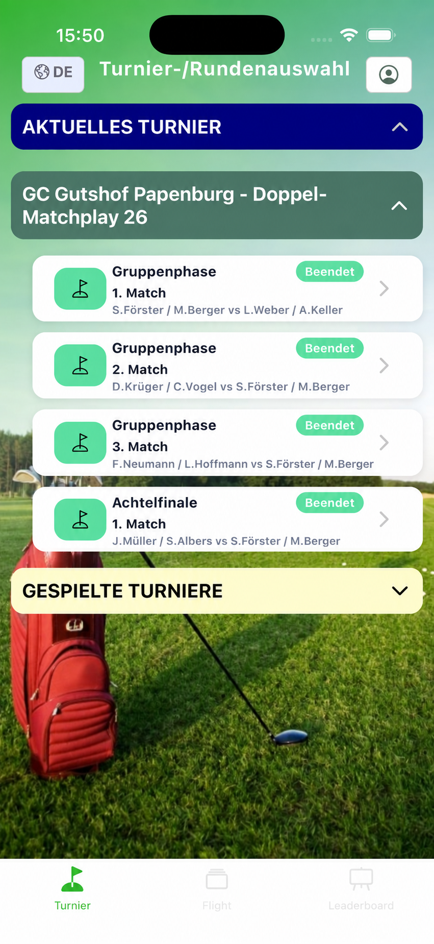 Matchplay-Auswahl mit Gruppenphase und Achtelfinale in der GoingGolf-App