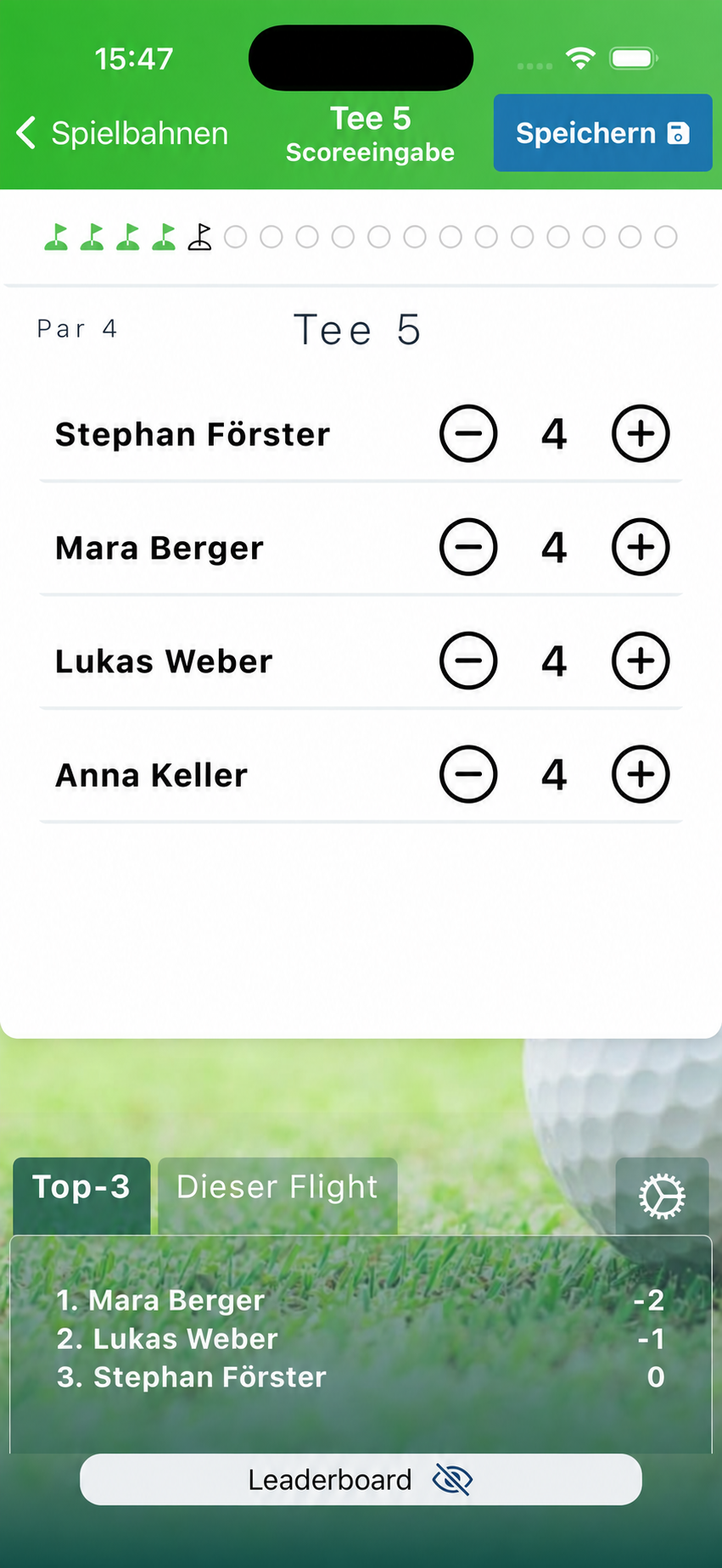 GoingGolf-App auf einem iPhone mit Scoreeingabe für vier Spieler