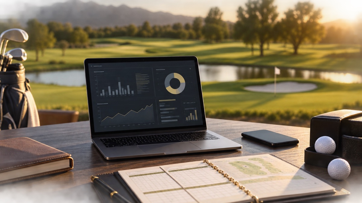 Laptop mit Datenübersicht und Turnierunterlagen am Golfplatz