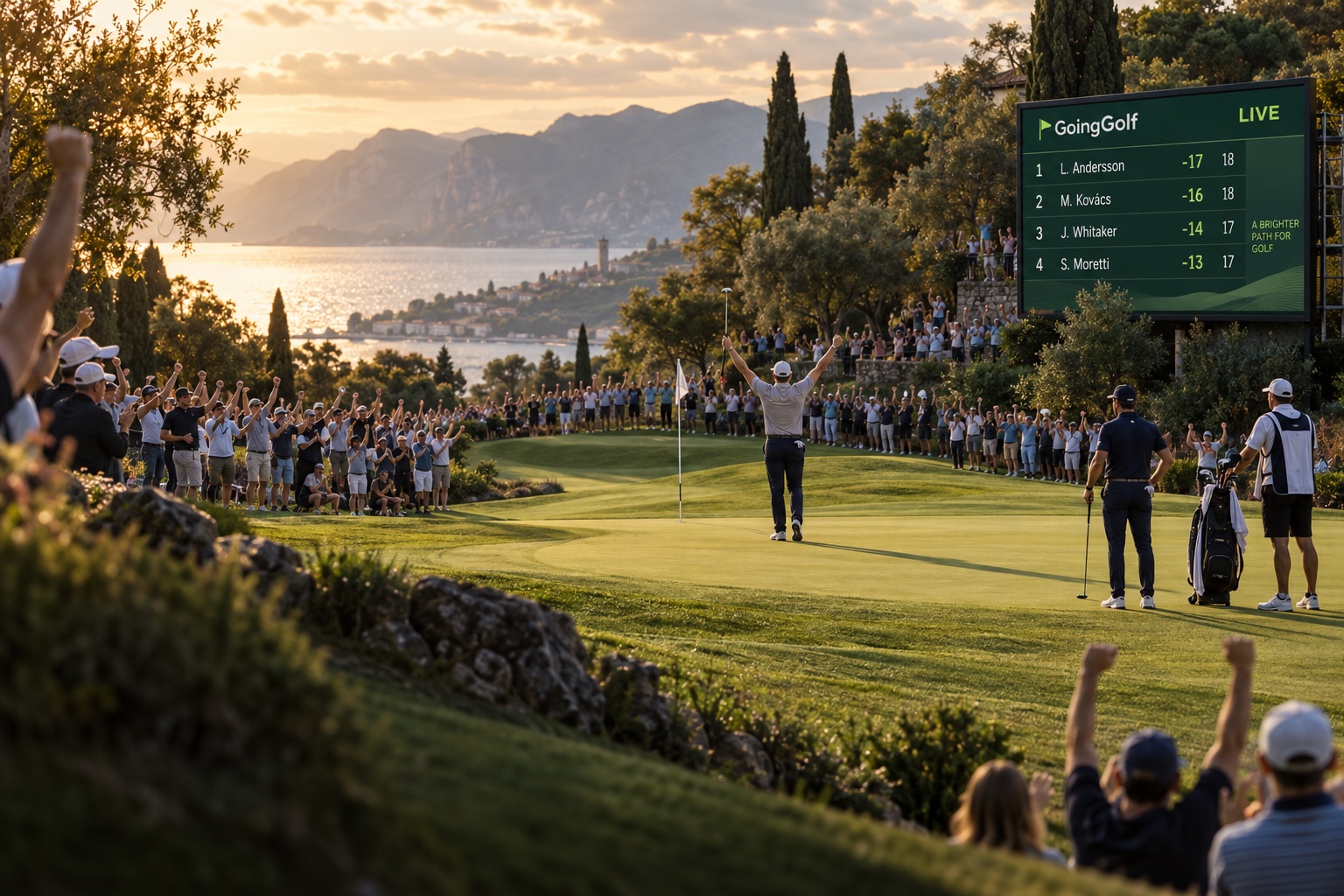 Golfer und Zuschauer jubeln gemeinsam am Grün neben einem GoingGolf Live-Leaderboard