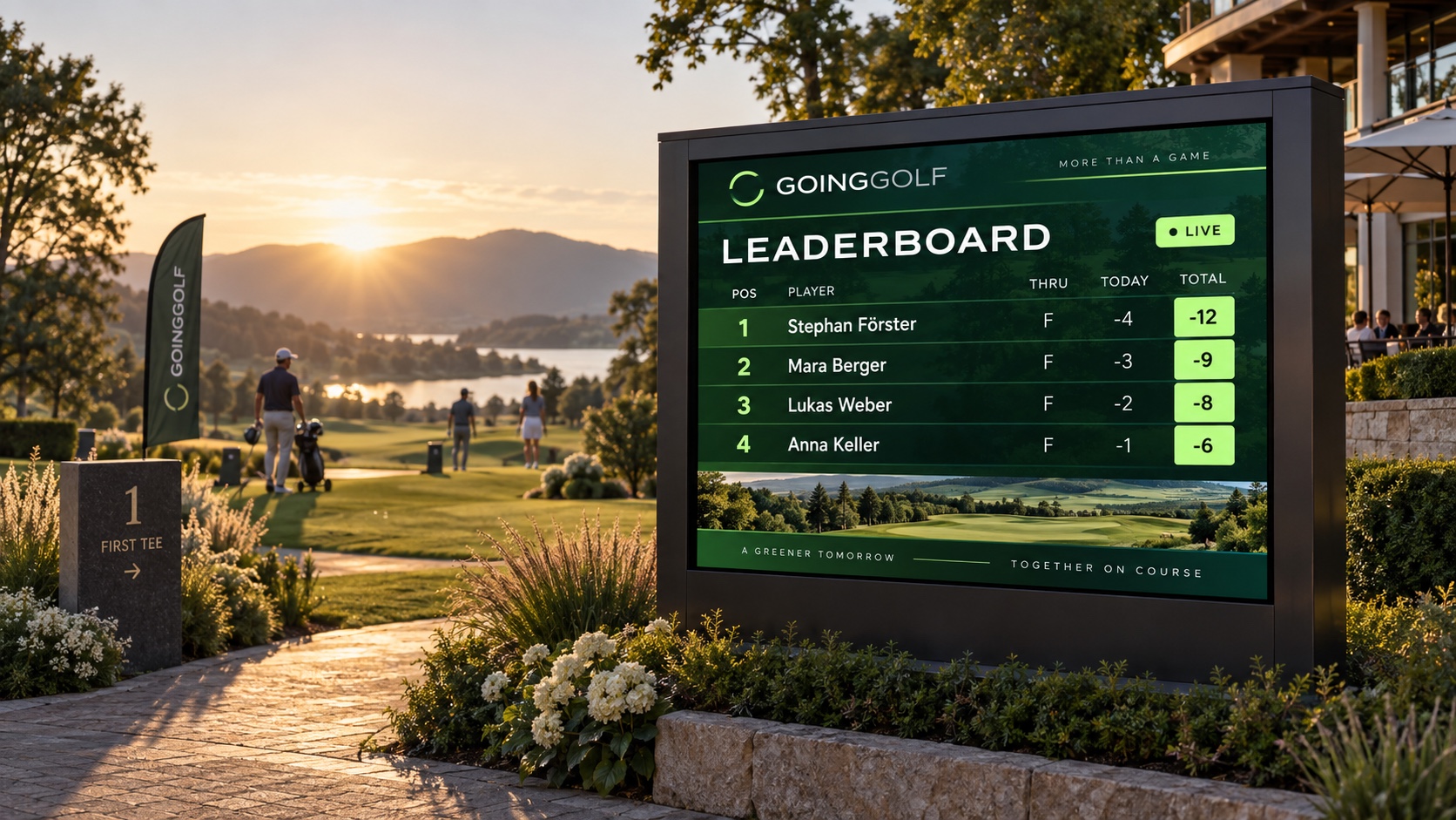 GoingGolf Outdoorstele im Querformat mit aktivem Live-Leaderboard auf dem Golfplatz