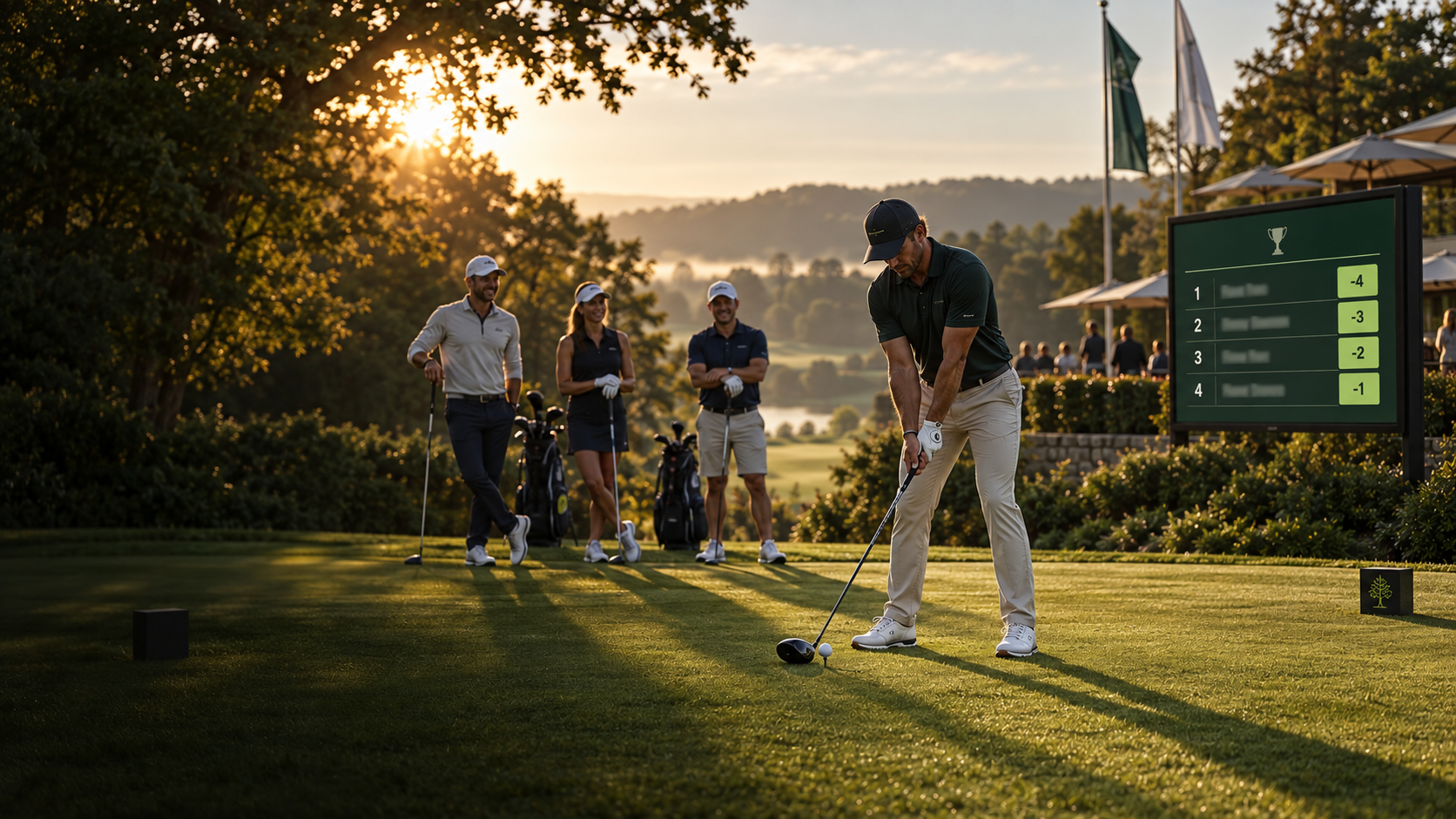 Spieler am ersten Abschlag mit Flight und Live-Leaderboard im Hintergrund