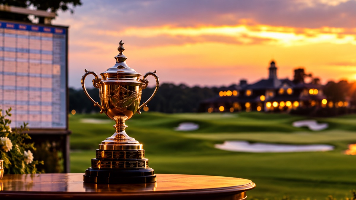Turnierpokal neben der Serienwertung auf einem Golfplatz im Abendlicht